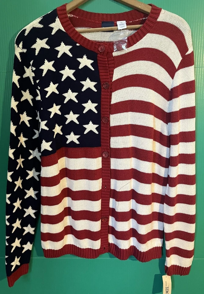 Cárdigan Suéter Cherokee Bandera Americana XL Hecho en EE. UU. Vintage Estrellas y Rayas P Foto 3 de 4