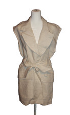 Studio F Linen Dress Open Front Tie Beige Collared Womens V-Neck Size 8