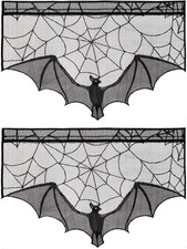2Pcs Halloween Spiderweb Bats Black Lace Curtains, Decorations Indoor