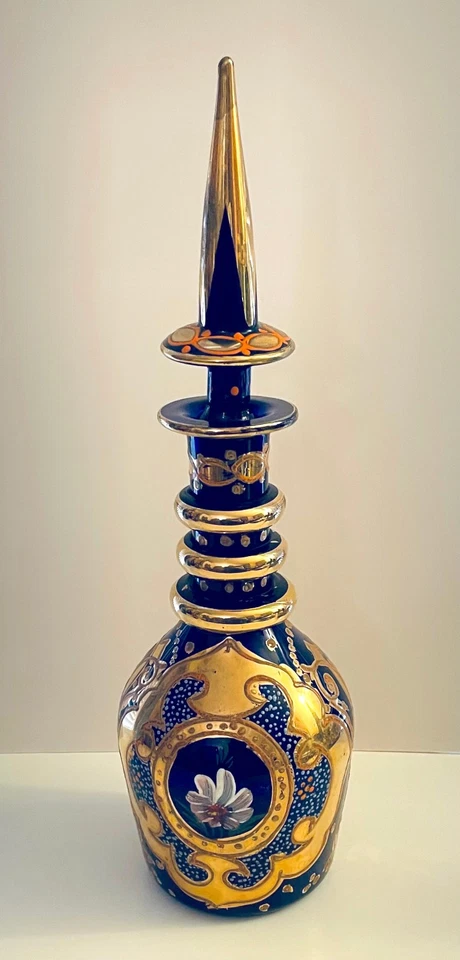 Antique 1920s Bohemian 19" Blue Gold Handpainted Glass Decanter Persian Market - Image 2 of 4