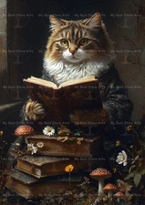 CAT READING A BOOK ART PRINT, Fantasy Library Poster, Cottagecore Kitty Decor