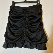M.N.I Los Angeles Black Ruched Satin Mini Skirt Button Front Ruffle Hem M