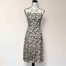 HVN 2 Black Floral Silk Midi Dress Button Front Spaghetti Strap Summer Cocktail