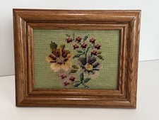 Vintage Framed Green Floral Needlepoint Wood Picture Frame Freestanding Decor