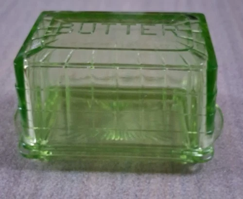 Block Optic Green Depression Vaseline Uranium Glass Covered Butter Dish (READ)