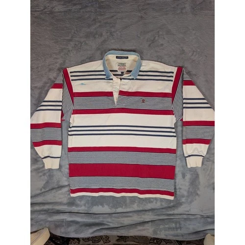 Vintage Tommy Hilfiger Rugby Shirt Medium Red Navy Stripe Denim Collar 90s Y2K - product listing photo