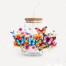 1Pc Butterfly UV DTF Cup Wrap, Flower Transfer Sticker for Glass Cup, Floral Rub