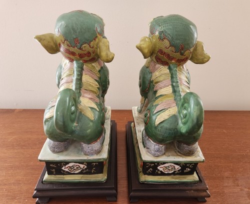 2 Vintage Guardiano Cinese Ceramica Fu Foo Bestia Leoni Cani Verde Altezza 10in - Foto 3 di 17