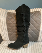 Legroom Womens Black Suede Fringe Mid Heel Wide Fit Knee High Boots Size 5E Used
