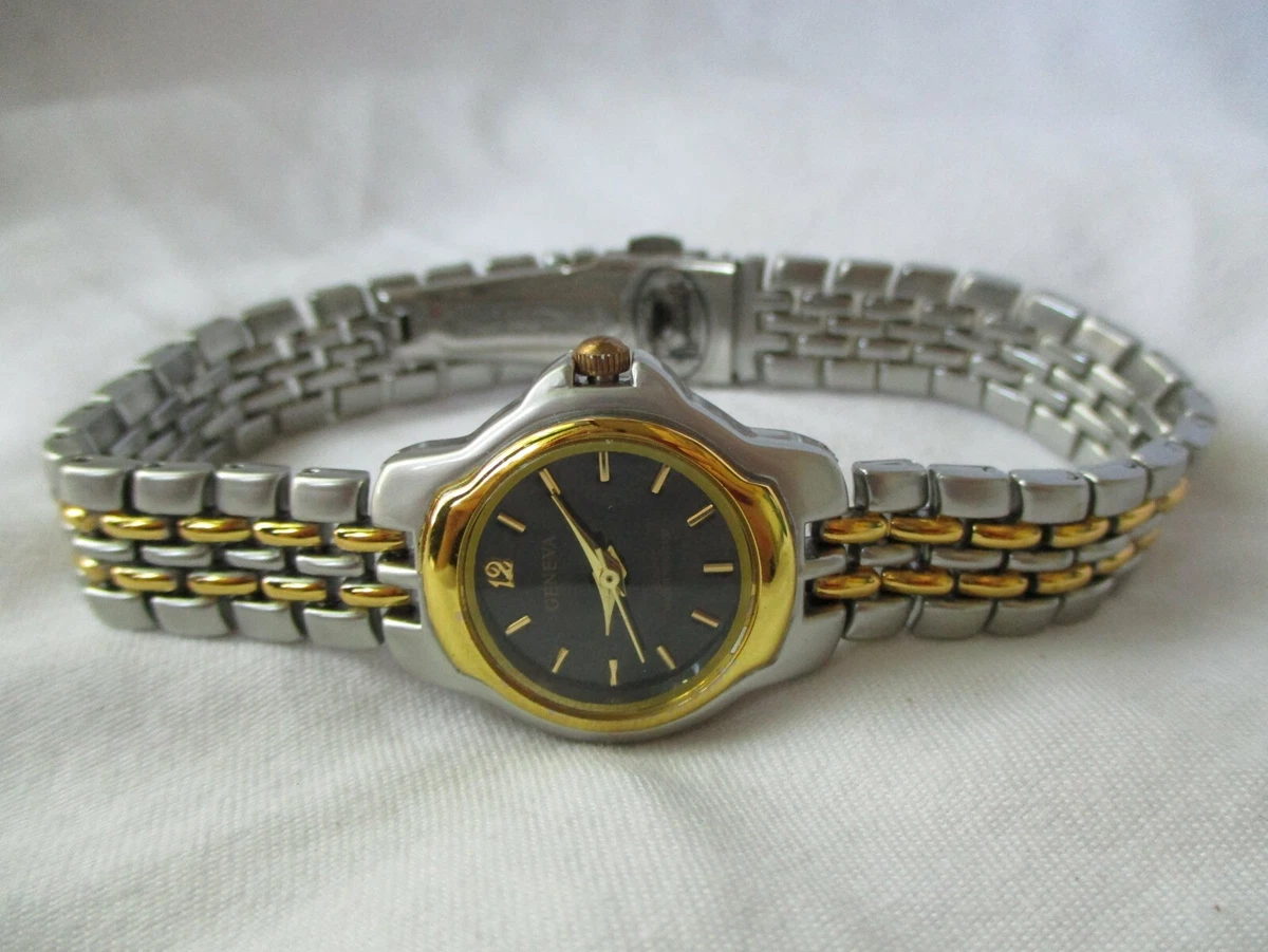 Geneva Watch Gold Silver Toned Round Black Face Elegant Stylish WORKING