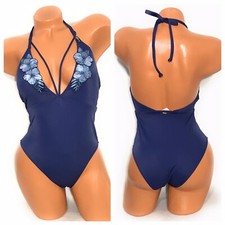 Victoria Secret Pink One Piece Blue Floral Open Back Plunge Swimsuit Size M