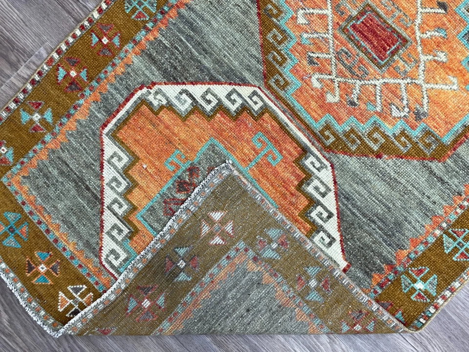 3x9 Orange Green Turkish Runner, Unique Vintage Oushak Hand-Knotted Wool Runner - Image 4 of 4