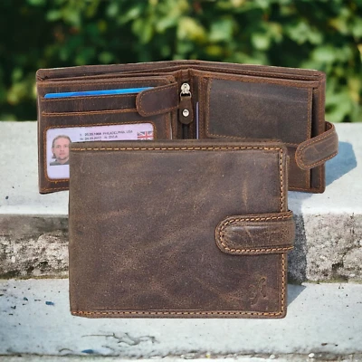 RFID Mens Real Leather Wallet With ID & Coin Pocket Gift Boxed 1213 Hunter Brown