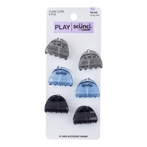 Scunci Play Fine Hair All Day Hold Claw Hair Clips, Assorted Colors, 6-Pieces