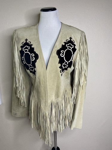 DD Co Suede Leather Jacket Fringe Size M Tan Black Western USA Vintage - Afbeelding 2 van 12