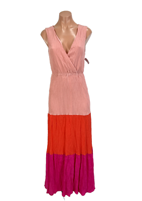 Aura Tiered Maxi Dress Womens Colorblock Orange Pink Size S Pleated Crinkle  | eBay