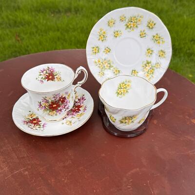 Two English Tea Cups & Saucers Queen's Primrose Countryside Series & Paragon Flo