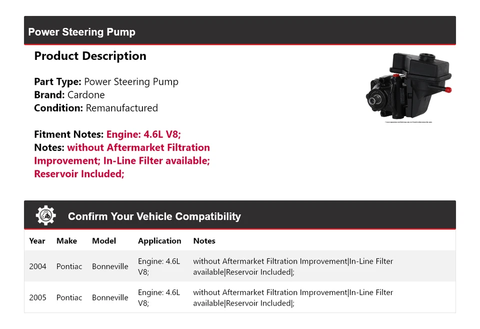 Bomba de dirección asistida Cardone para Pontiac Bonneville 2004-2005 4,6 L V8 Foto 2 de 4