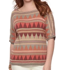 CHAPS Women’s Plus Colorful Aztec Southwestern Boatneck Short Sleeve Sweater 1X