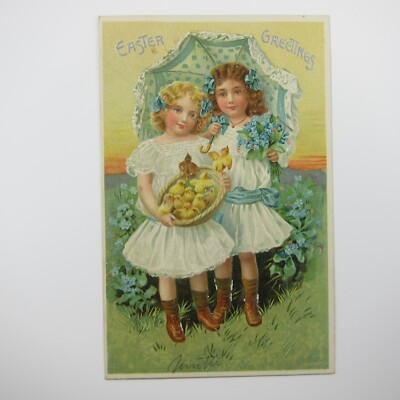 Easter Postcard Two Girls Hold Basket of Yellow Chicks Tuck Embossed Antique