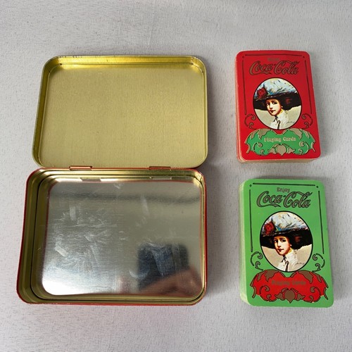 Coca Cola Playing Cards 2 decks Red Green Metal Tin + New Clear Deck in Case - Picture 3 of 18