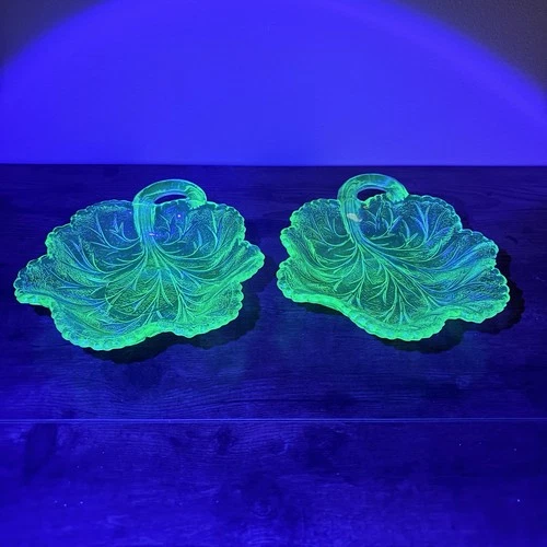 2 pc Set VTG Uranium/Depression Glass/Vaseline Glass Lettuce/Cabbage Plate/Dish