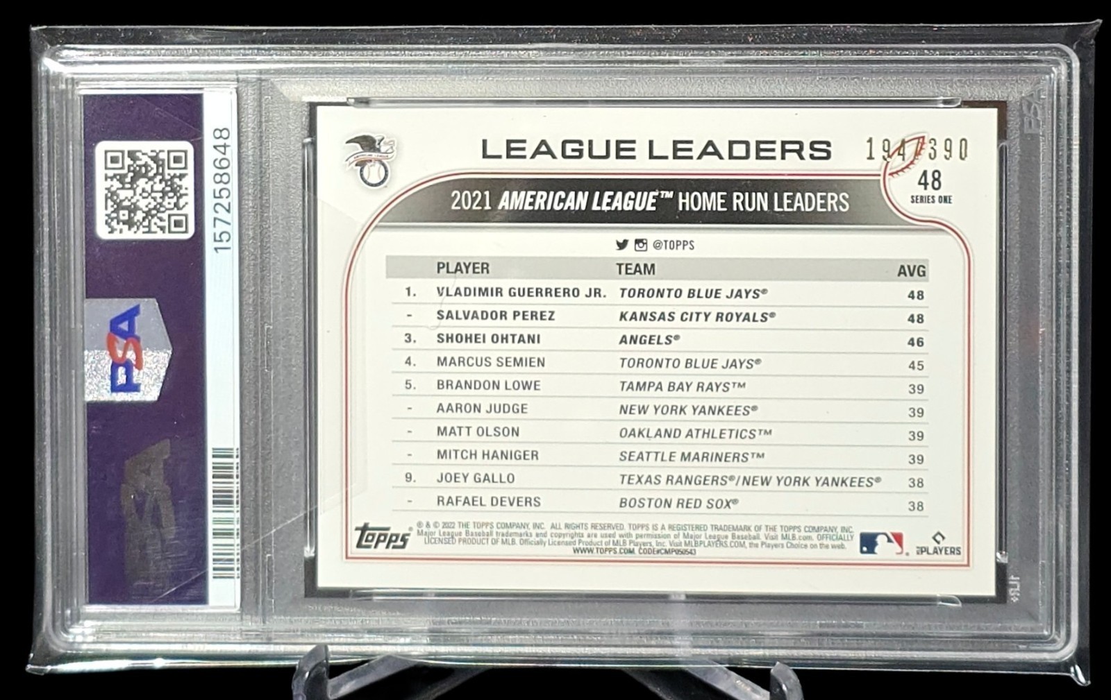 2022 Topps #48 21' AL HR Leaders Guerrero Jr./Perez/Ohtani Foilboard /390 PSA 10 view 4