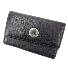 BVLGARI Key Case 4-ring Key Holder Black Leather Silver-tone Hardware Women's