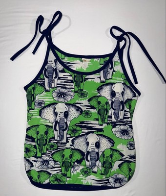 Women's Beeline Vintage Elephant Print Tie Strap Tank USA Sleeveless M Novelty