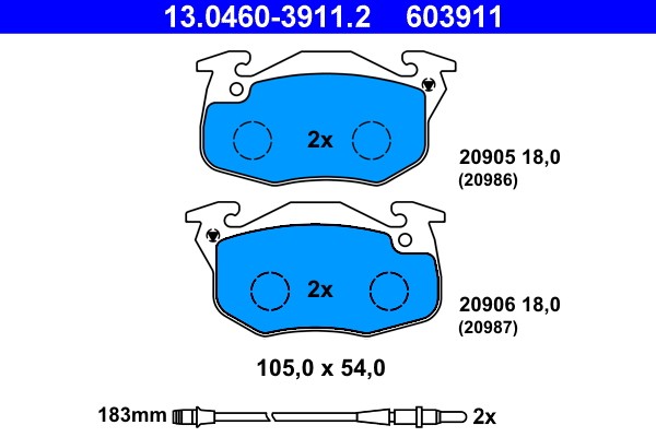 13.0460-3911.2 ATE brake pad set, disc brake for Peugeot, Renault