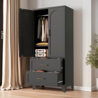 71'' Tall Metal Wardrobe Cabinet with 2 Drawer and Hanging Rod with Shelf Black