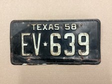 VINTAGE 1958 TEXAS LICENSE PLATE ORIGINAL  EV 639