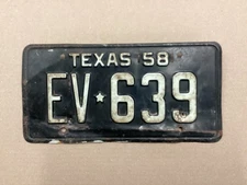 VINTAGE 1958 TEXAS LICENSE PLATE ORIGINAL  EV 639