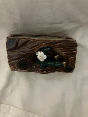 Vintage Pixie In A Log Ceramic Planter