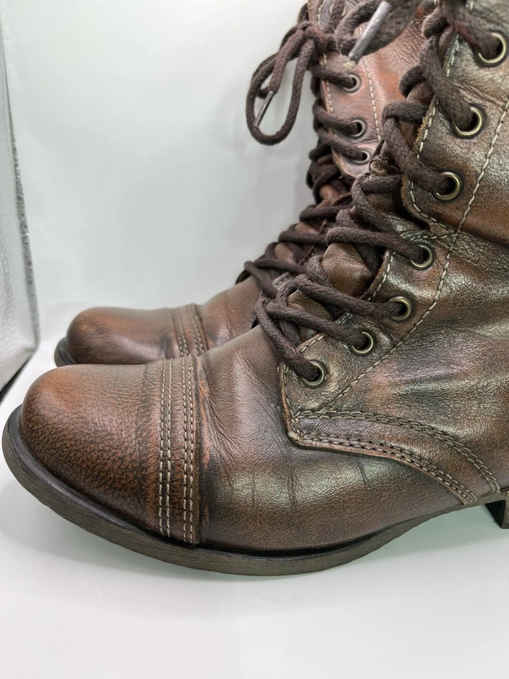 Steve Madden Mujer Troopa Bota de Combate Talla 9 Cuero Marrón Motociclista Con Cordones Boho Foto 2 de 4