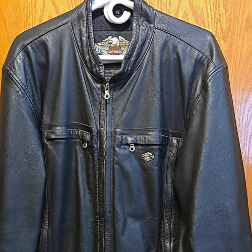 Harley-Davidson Black Leather Jacket Embossed Logo Full Zip Mesh Lined XL