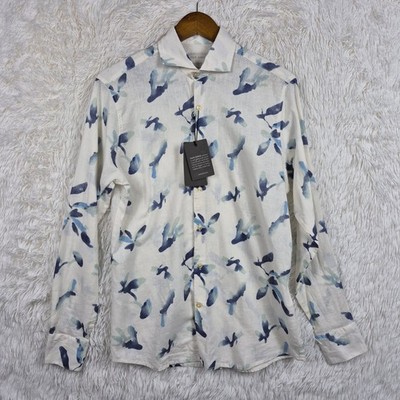 Dan John Mens Linen Blend Abstract Print Button Down Shirt White Blue Size 15-38