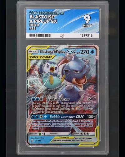 Ace Grading 9 Blastoise & Piplup GX 38/236 Ultra Rare Holo 2019 EN TAG TEAM