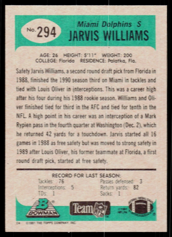 Jarvis Williams, 1991 Bowman, #294, Miami Dolphins, - Image 2 of 2