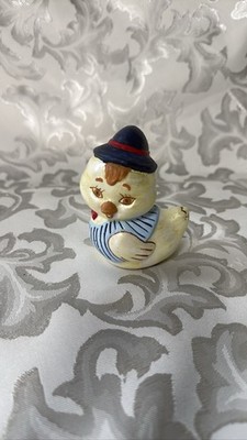 Kitsch Anthropomorphic Duck Chick Figurine Blue Striped Shirt Hat - c2