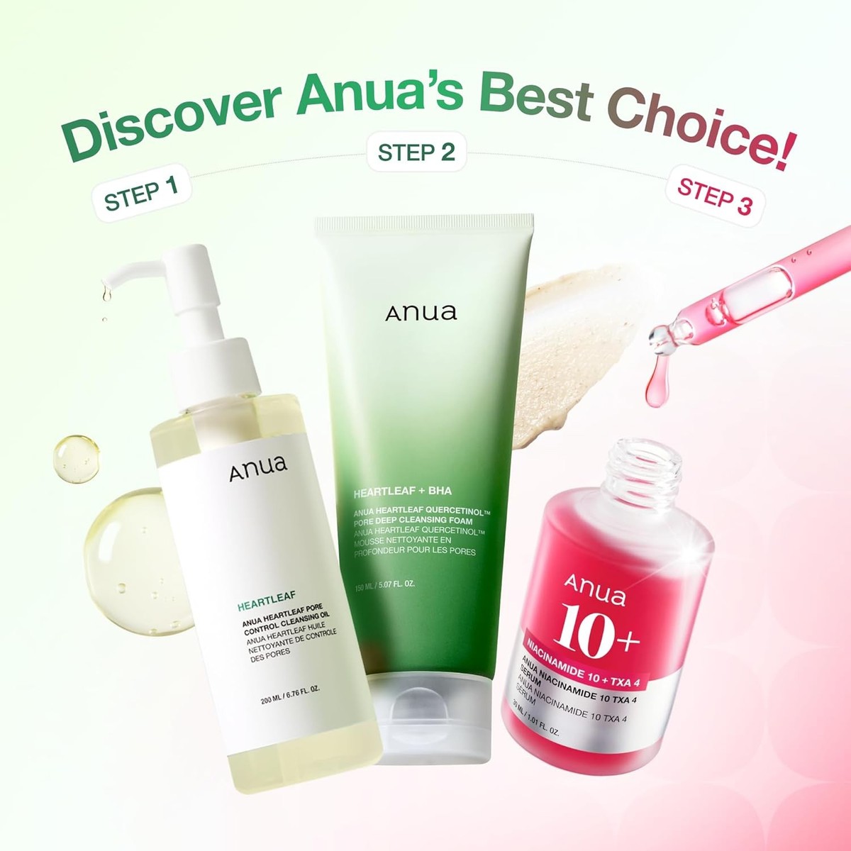 Anua 3-Step Glass Skin Beginner Set, Oil Cleanser and Face Wash