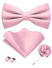 Solid Color Pre-tied Bow Tie and Pocket Square Cufflinks Lapel Pin Blush Pink