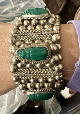 Vintage Mexico Alpaca Warrior Mask Panel Bracelet Great Green Onyx 7 