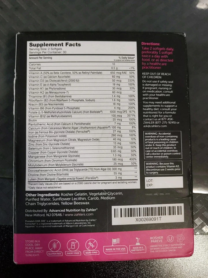 Zahler 产前 + DHA 300 最佳配方母亲儿童营养 60 粒软胶囊 #L2 — 第 4/4 张图片