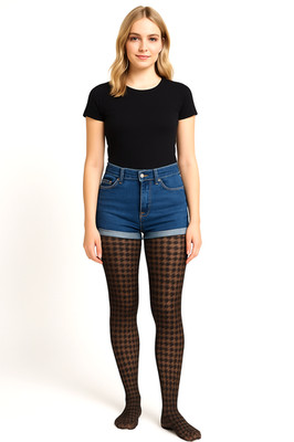 Womens  Dog Tooth Check Pattern Black Opaque Tight