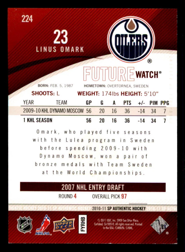 2010-11 SP Authentic #224 Linus Omark RC /999 (ref 239703) - Image 2 of 2