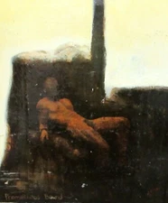 TED FUSBY "PROMETHEUS BOUND" OIL ON PAPER BOARD MAN PAINTING