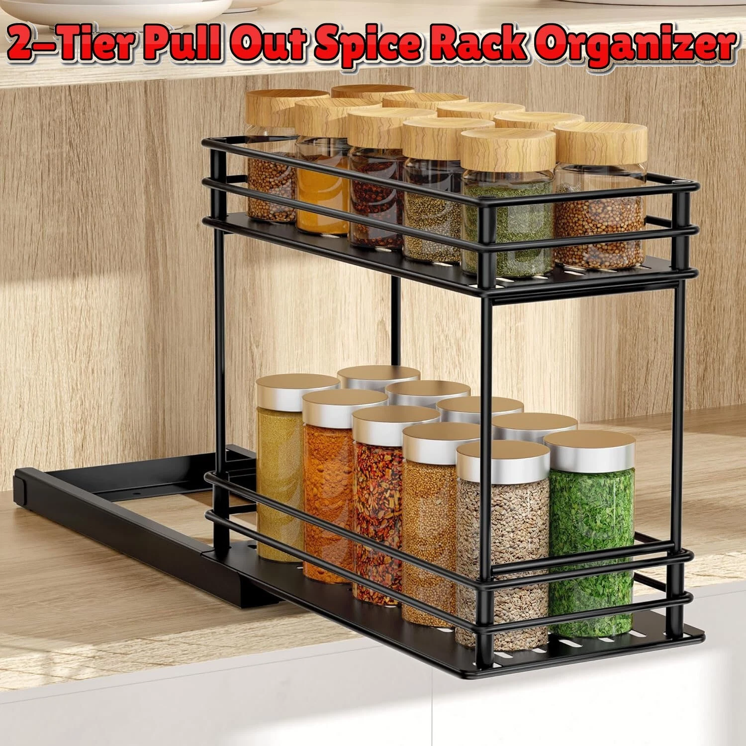 2-Tier Pull Out Spice Rack Organizer for Kitchen Cabinet, Compact Storage