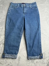 NYDJ Carpi Jeans Womens 10 Blue Mid Rise Flat Front Slimming Green Jeweled Cuff