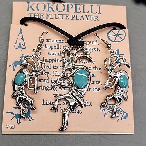 Southwestern Flute Player Necklace Earrings Set Kokopelli Blue Green Silver Tone - Picture 2 of 7